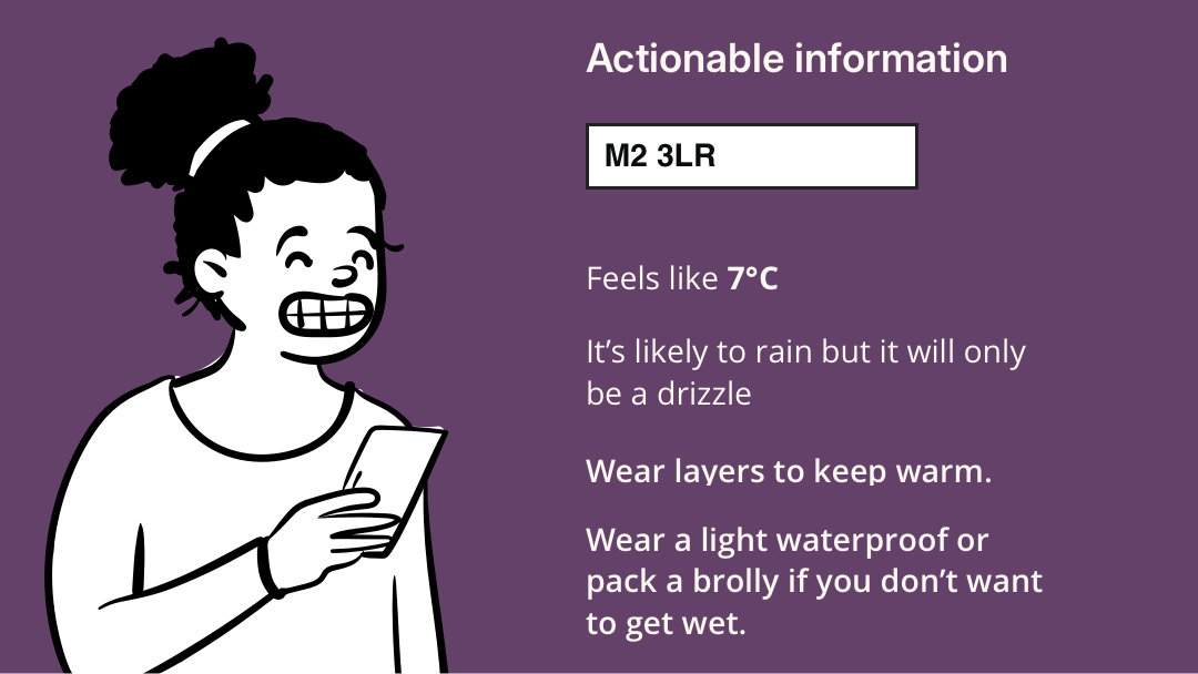 To make the information actionable the final example suggests actions such as