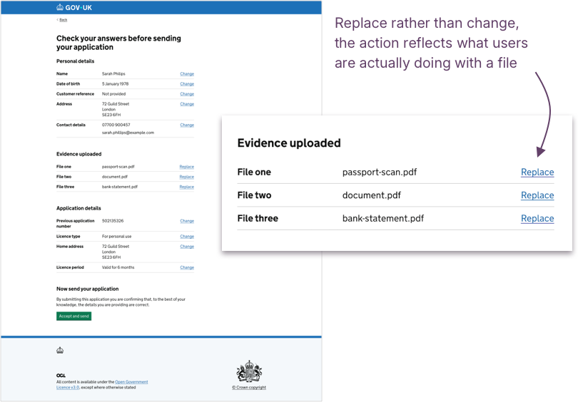 A GOV.UK Check your answers page showing Personal details, Evidence uploaded, and Application details sections. A zoomed panel highlights the Evidence uploaded section showing three file rows — File one: passport-scan.pdf, File two: document.pdf, File three: bank-statement.pdf — each with a Replace link. An annotation reads: Replace rather than Change, the action reflects what users are actually doing with a file