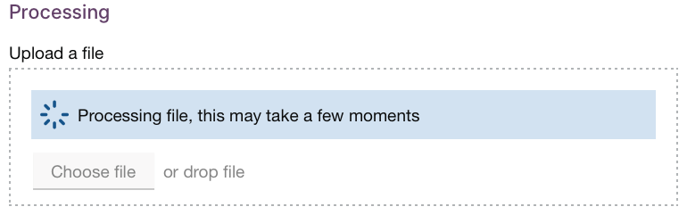 File upload component showing a spinner with the message Processing file, this may take a few moments inside the component, with a greyed out Choose file button and or drop file text below