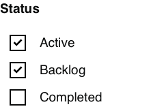 A set of checkboxes with ‘Active’ and ‘Backlog’ checked and ‘Completed’ unchecked.