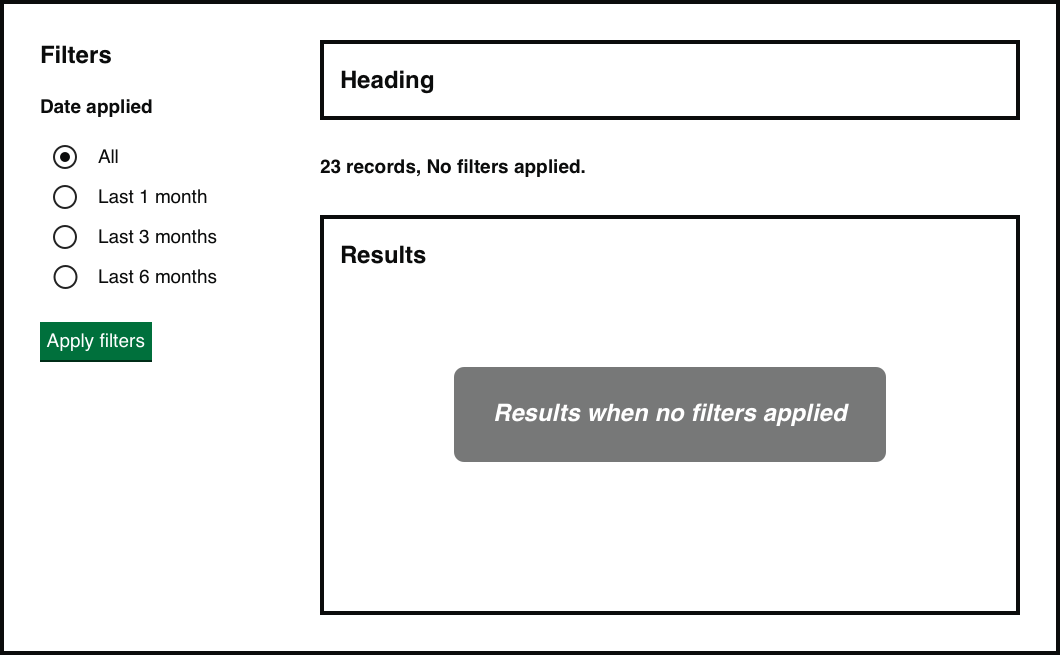 A screen showing the results of selecting the the ‘All’ radio button. To the right of the radio list are areas labelled ‘Heading’ and ‘Results’. Above the ‘Results’ area is text reading ‘23 records. No filters applied.’