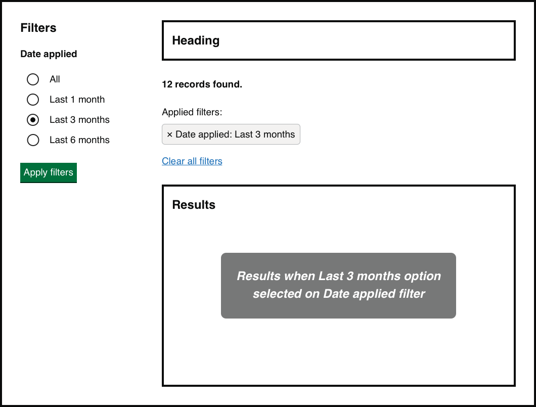 The same results screen when the ‘Last 3 months’ radio is selected. Instead of the text above the results there is a clickable label reading ‘Date applied: last 3 months’.