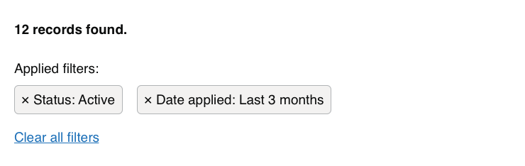 Example of a state with some results. The display is the same as the ‘No records found’ screen but the initial text reads ‘12 records found’.