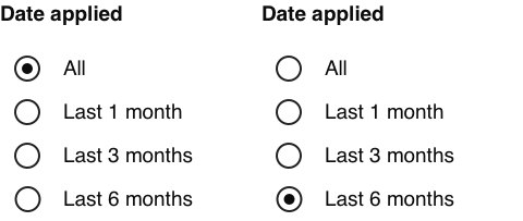 A list of 4 radio buttons with the heading ‘Date applied’. The radios are labelled ‘All’, ‘Last 1 month’, ‘Last 3 months’ and ‘Last 6 months’. The ‘All’ option is selected by default. Selecting any other option applies a filter, as only one radio can be selected at a time.