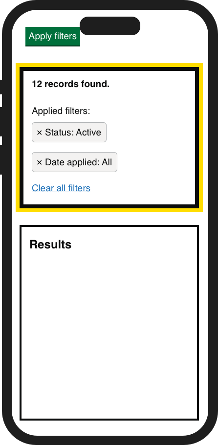 The same mobile screen with the filter component highlighted to show that it has focus. When focus is given to the state it is clearer that the filter settings have changed, even if results are still not immediately visible.