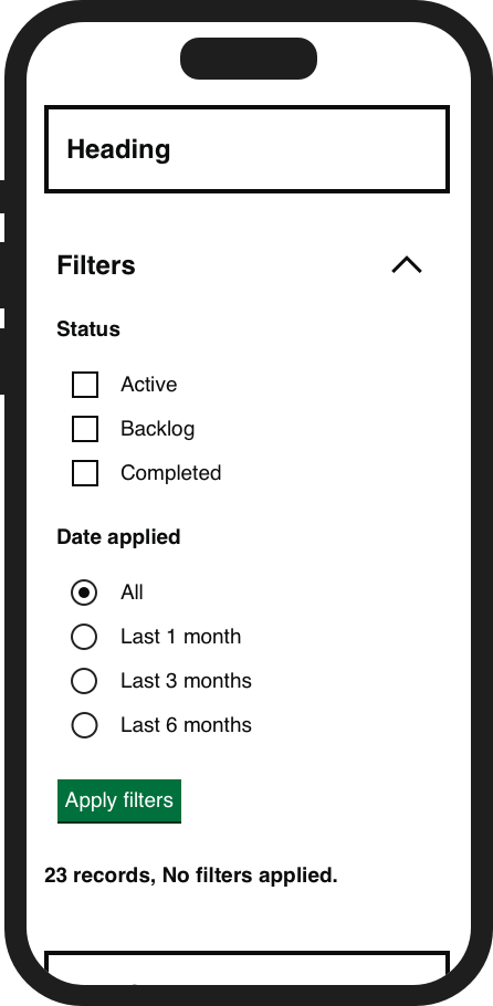 A wireframe sketch of a mobile screen showing applied filters. The results are not visible without scrolling because the filter component has pushed them down.
