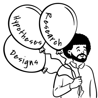 Illustration of man bringing three balloons labelled Hypotheses, Research and Designs